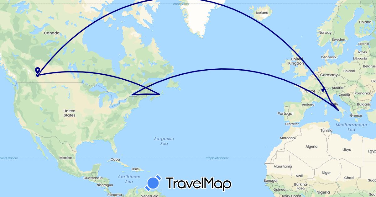 TravelMap itinerary: driving in Canada, Switzerland, Italy (Europe, North America)